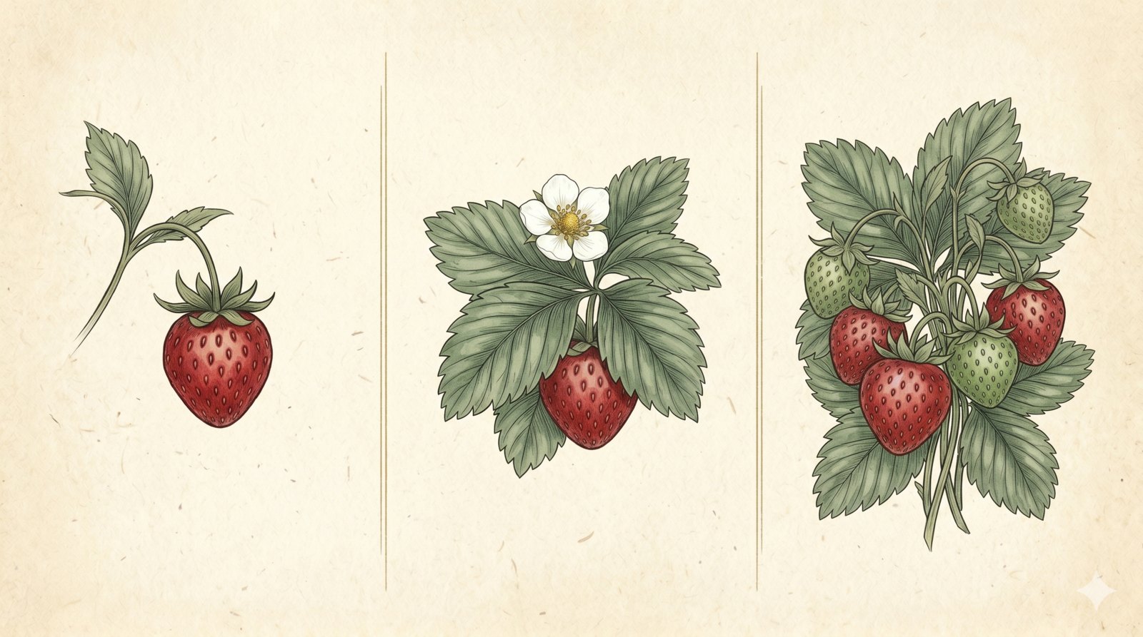 Three botanical vignettes: a single exposed strawberry, a berry half-hidden under leaves, and a tangled cluster of ripe and unripe berries