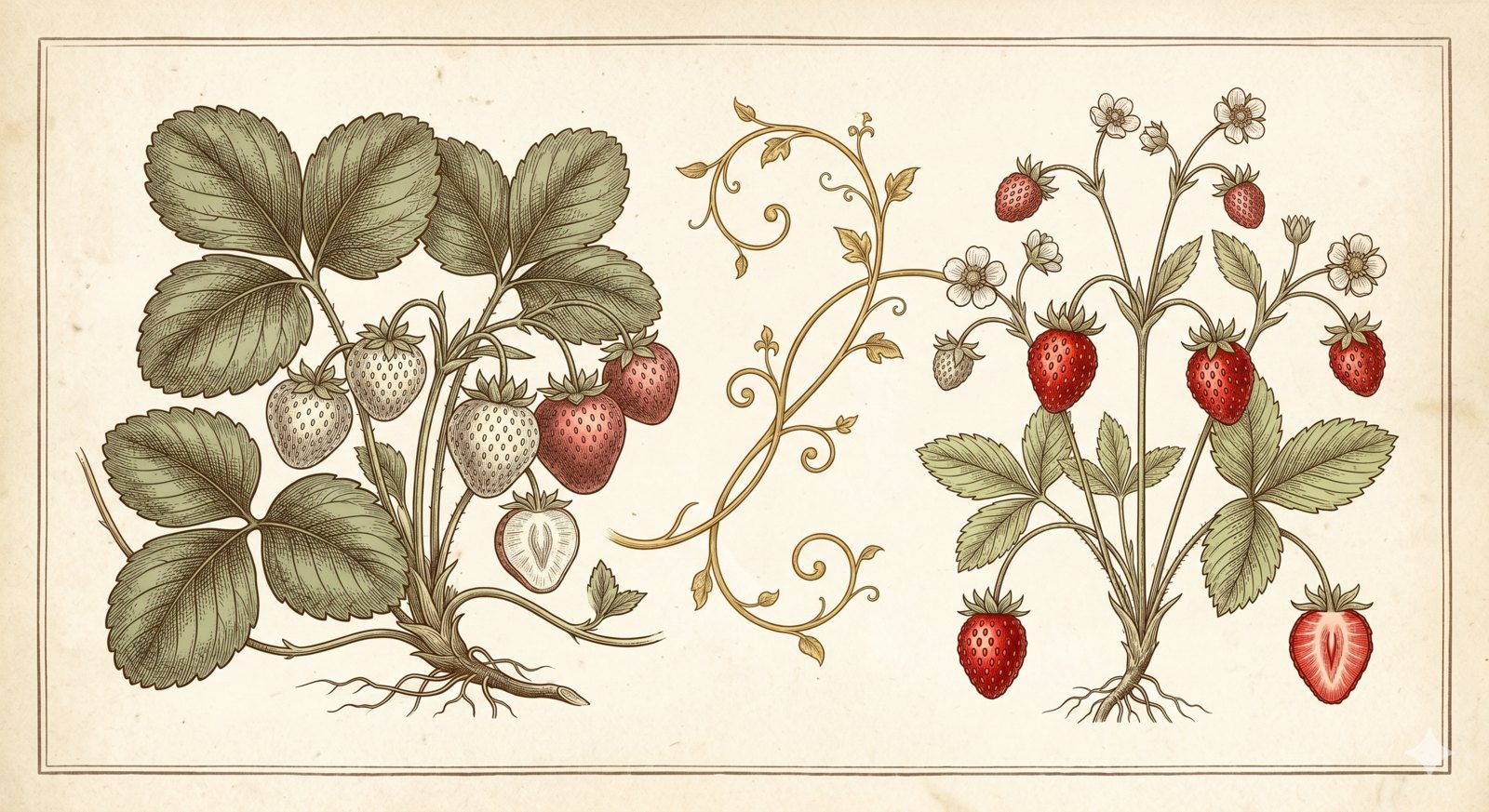 2種の野生いちごを並べたアンティーク植物画。左に厚い葉と大きく淡い果実のFragaria chiloensis、右に小さな葉と小さな赤い果実のFragaria virginiana、中央を金の装飾線が結ぶ