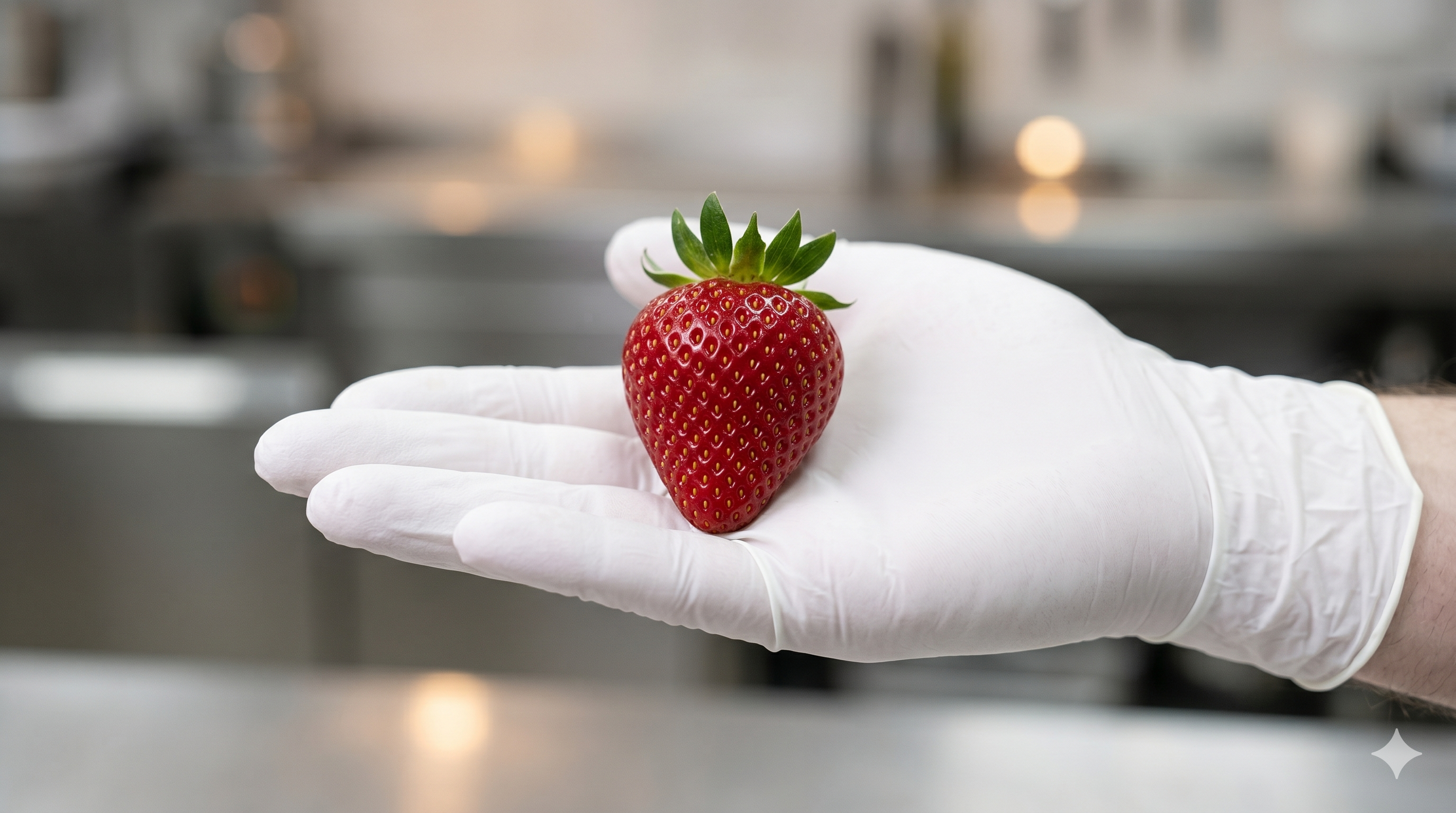 A single ripe strawberry held in an open human palm, calyx intact, against a soft background